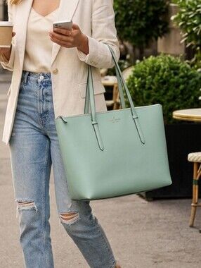 Kate Spade All Day Large Zip Top Tote Aventurine Mint Green Leather